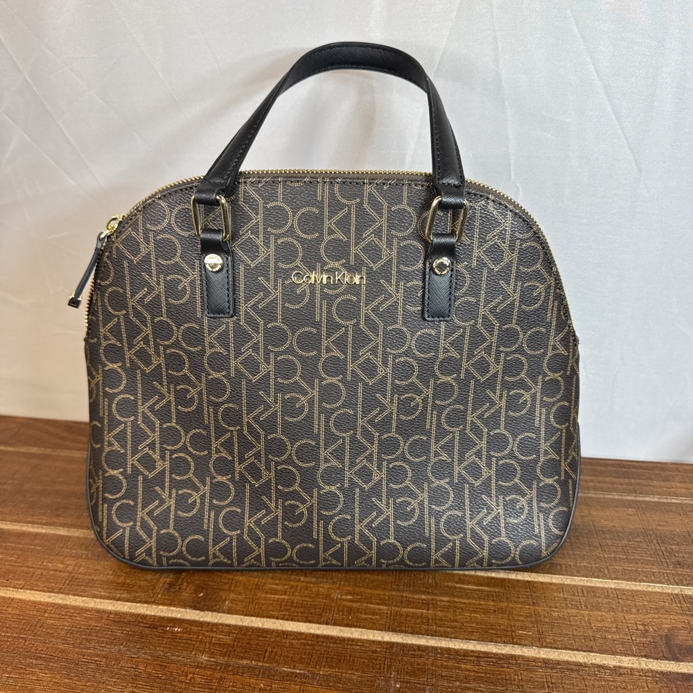 Calvin Klein Women's Medium Round Satchel Handbag CK Logo Pouch Brown Khaki Gold